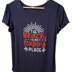 Ava James Navy Blue Graphic Tee Shirt - The Beach is My Happy Place Size Medium